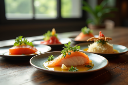 Table élégante avec plats exotiques et sashimi de fugu