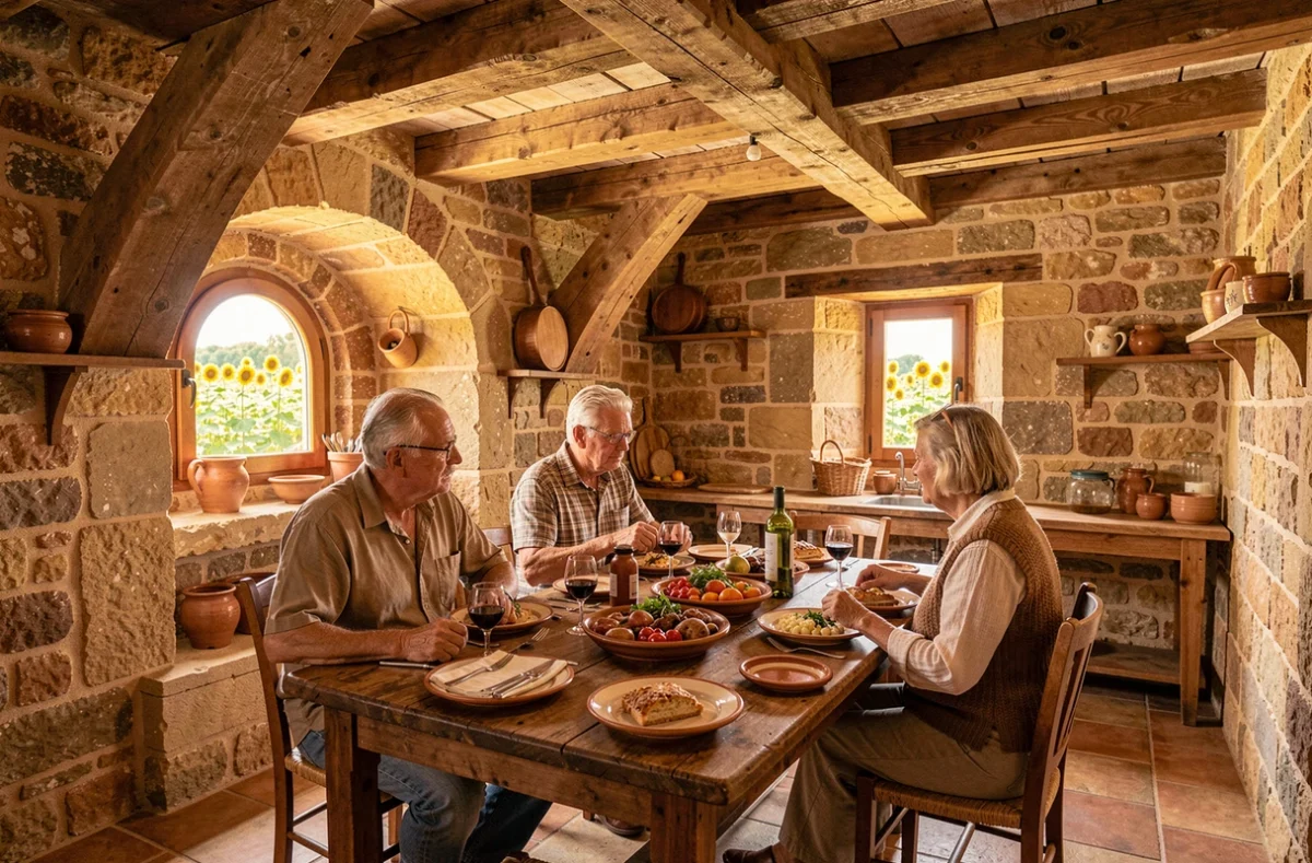 Intérieur en pierre restauré de La Table du Lavoir à Monflanquin avec poutres apparentes, vaisselle artisanale et cuisine du Périgord