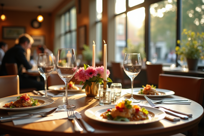 Table élégante dans un restaurant français avec plats et vin