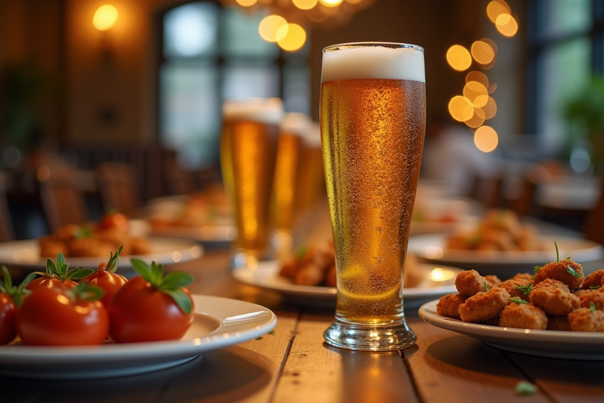 Table de fête élégamment dressée avec bière IPA au centre