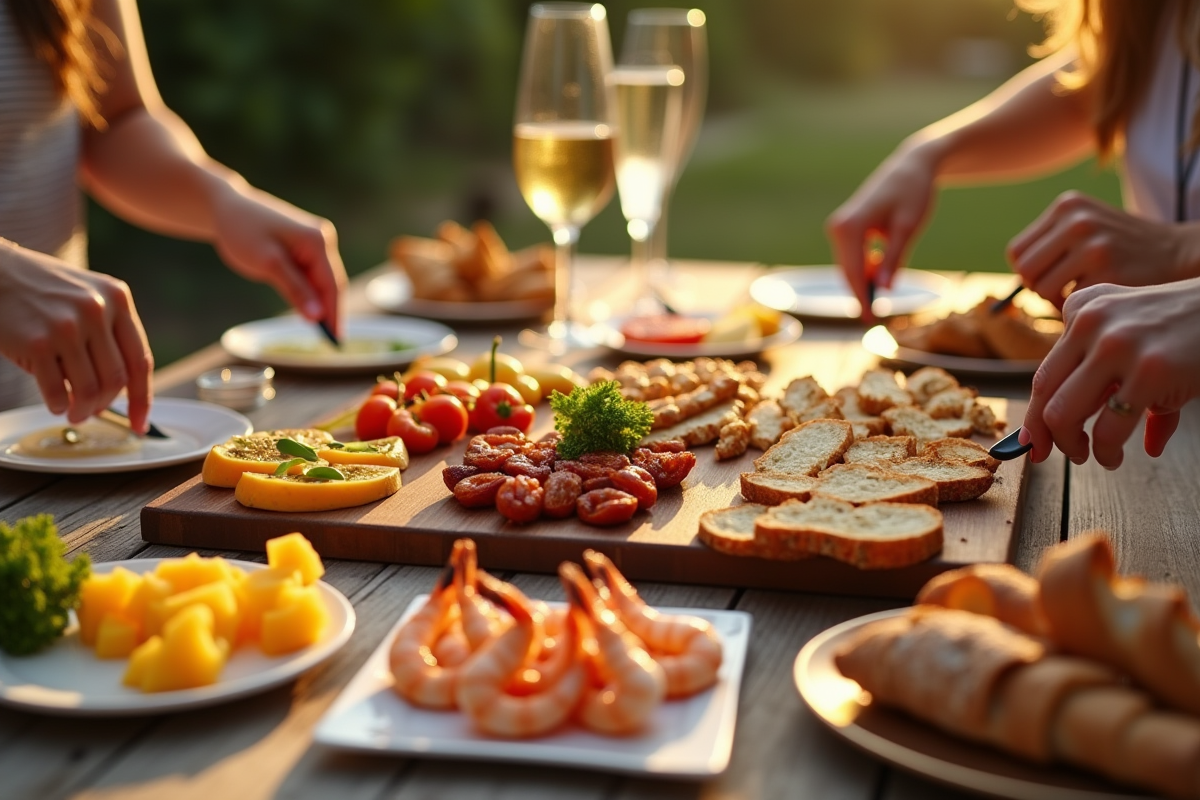 Table raclette en plein air avec fruits et crevettes