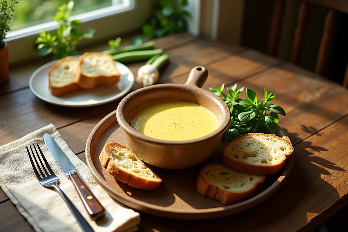 Table rustique avec fondue vegan et pain frais pour deux
