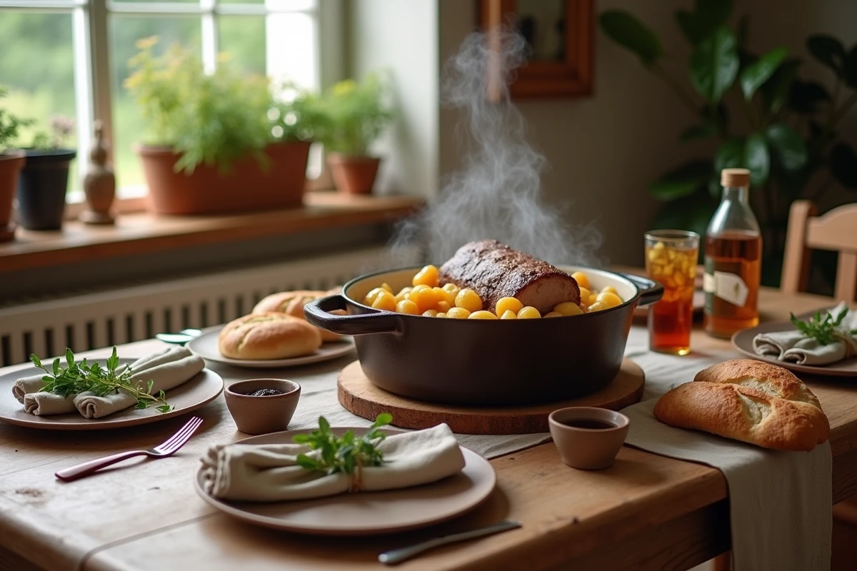 Table rustique avec cocotte de porc et pain pour un repas convivial