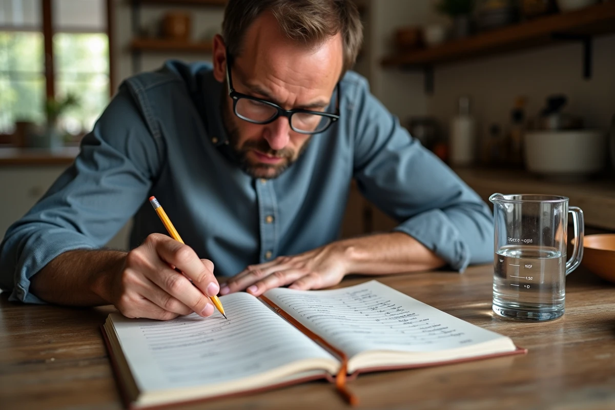 Homme consultant un tableau de conversion grammes centilitres à côté d'un verre doseur gradué à 12,5 cl