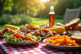 Table de pique-nique colorée avec salades et légumes grillés
