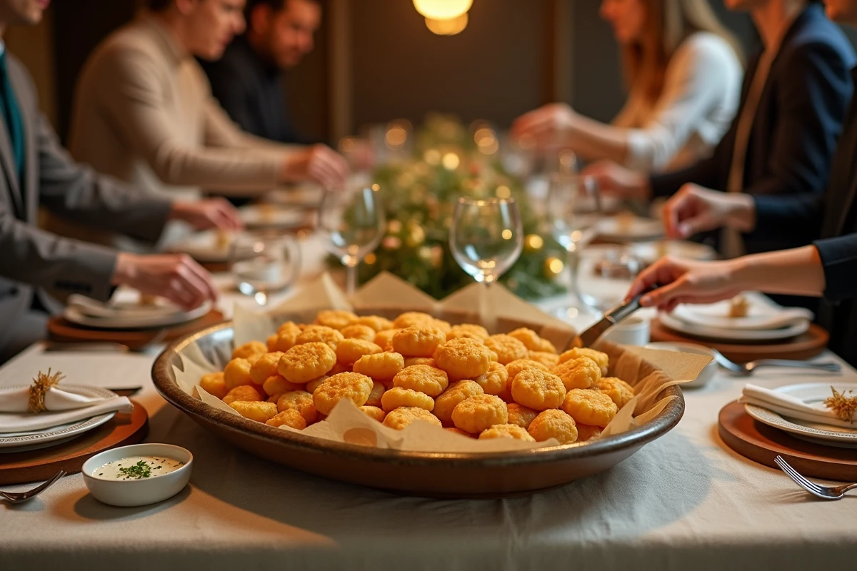 Grande tablée festive avec un plat de galettes de rapée de pommes de terre dorées pour recevoir des invités
