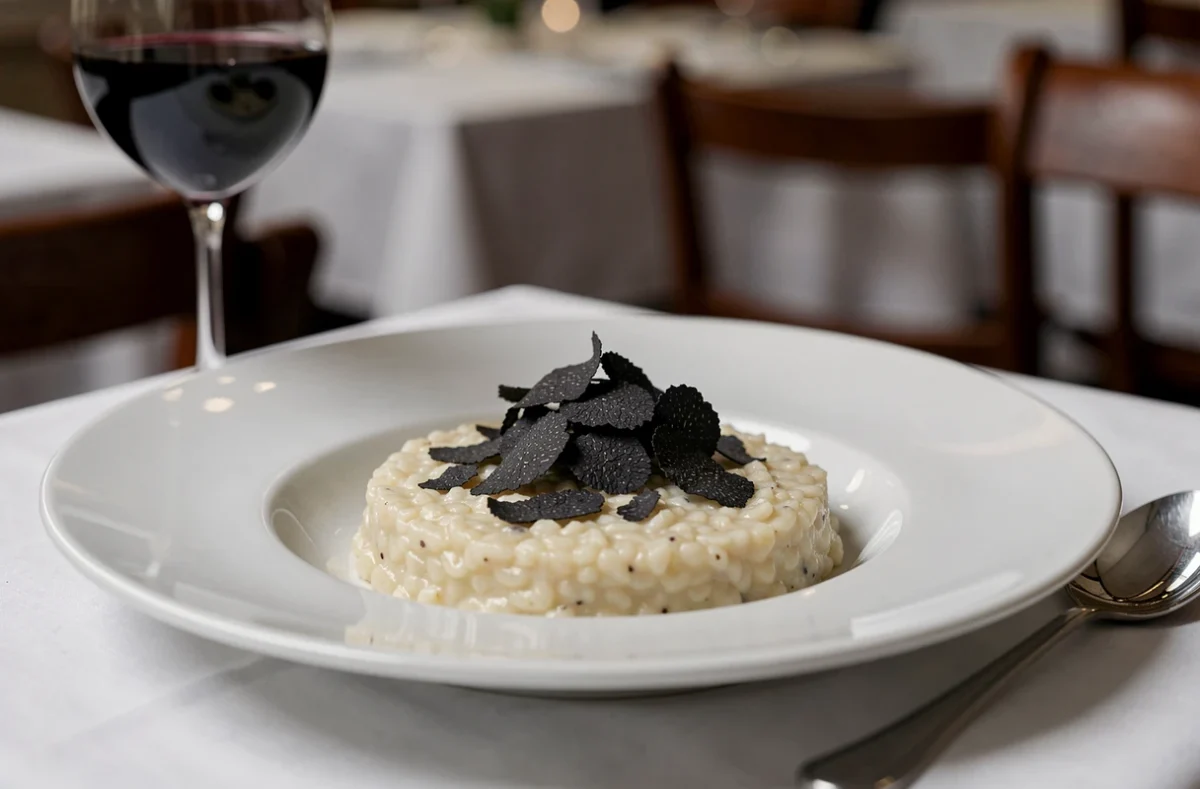 Risotto au truffe noir élégamment dressé dans un restaurant gastronomique italien à Bordeaux, accompagné d'un verre de vin Barolo