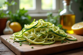 Courgettes en spirale sur planche en bois avec ail citron huile d'olive