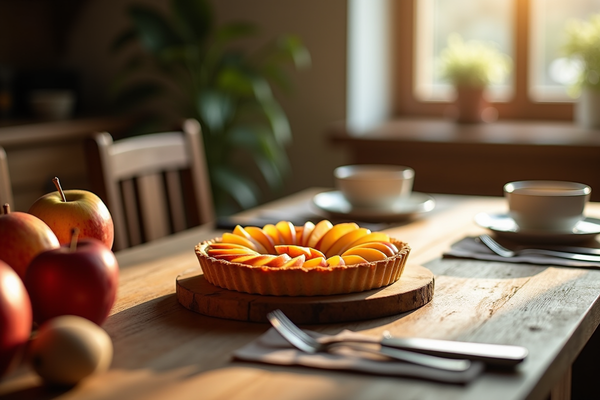 Table rustique avec tarte aux pommes et lumière du matin