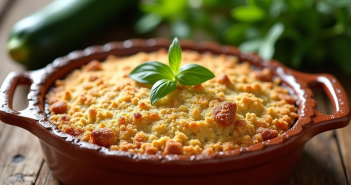 Croustade de courgettes fraîche dans un plat en céramique rustique