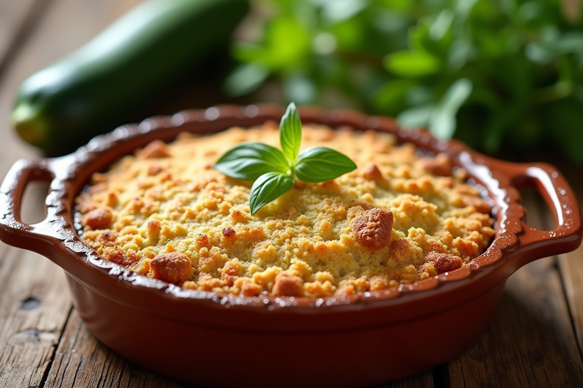 Croustade de courgettes fraîche dans un plat en céramique rustique