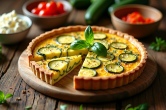 Tarte zucchini fraîche sur table en bois rustique