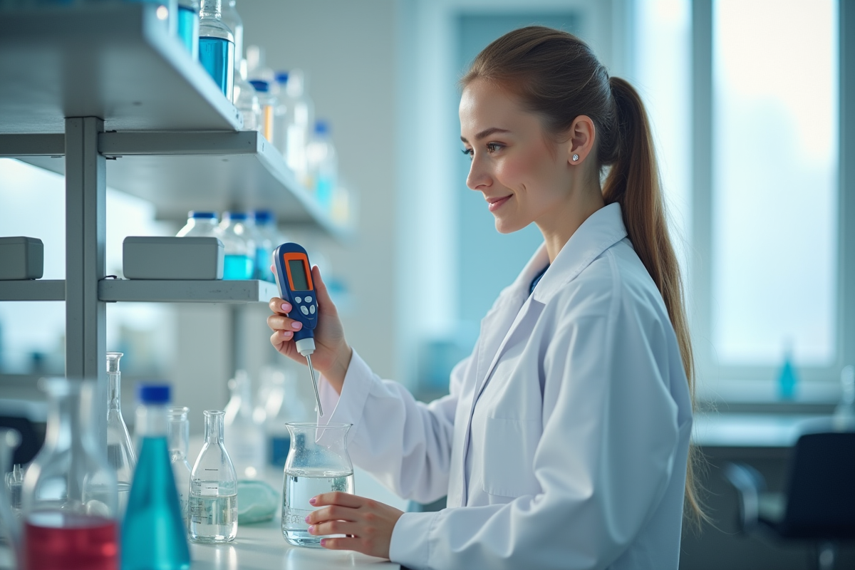 Technicienne de laboratoire utilisant un thermometre digital sur un bécher