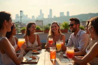 Terrasse animée en rooftop urbain pendant l'été avec des visiteurs en tenues estivales tenant des cocktails colorés
