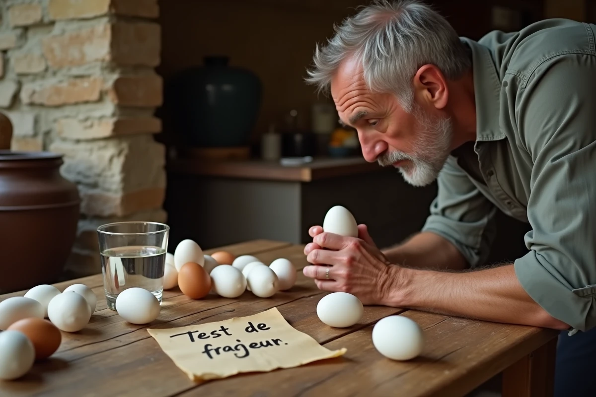 Test de flottaison d'un œuf dans un verre d'eau sur une table de cuisine rustique en bois