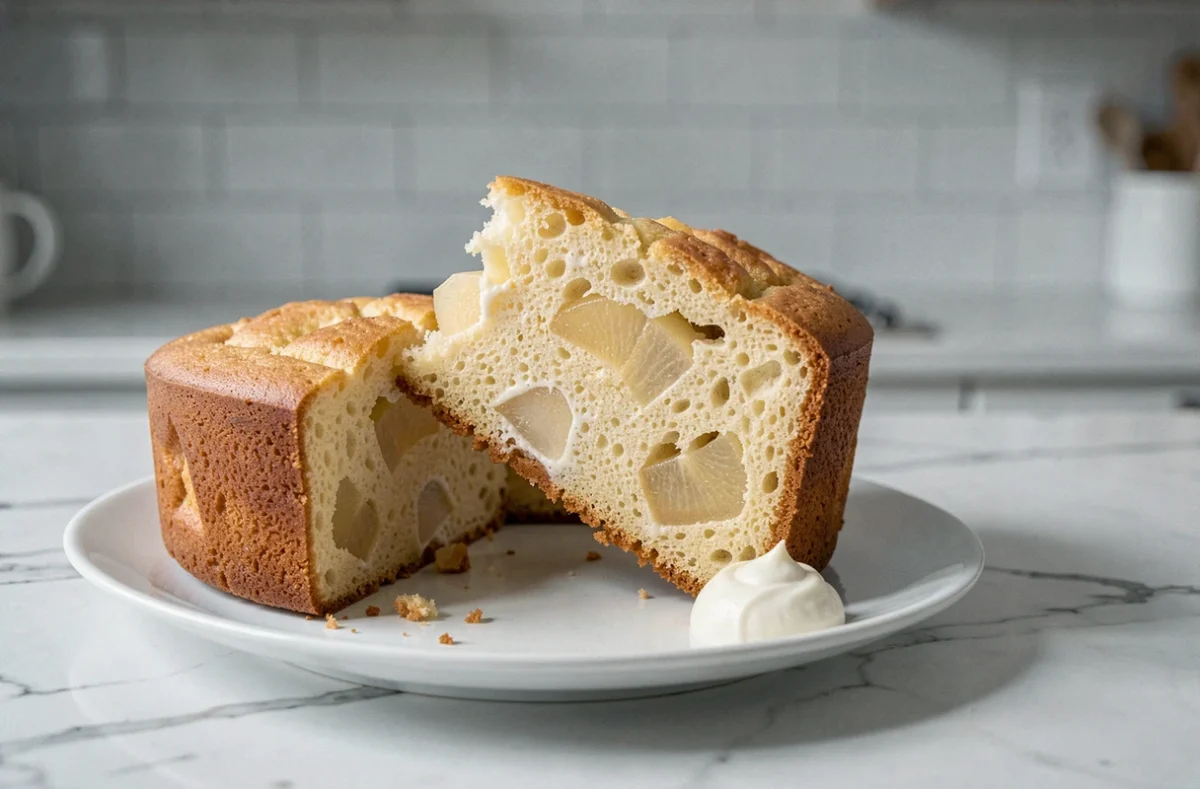 Tranche de gâteau yaourt aux poires moelleux révélant la mie tendre et les morceaux de fruits