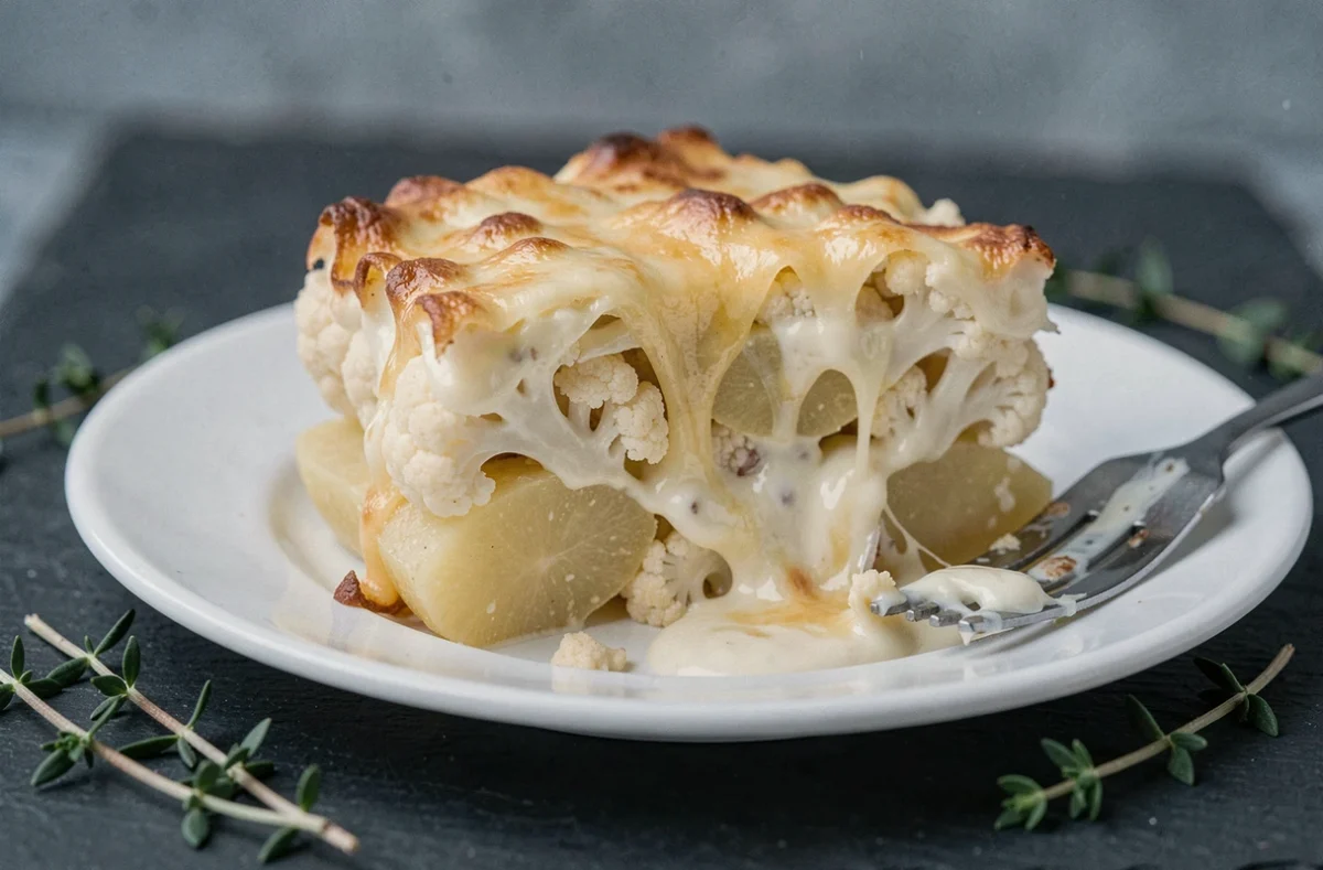 Tranche de gratin de chou fleur et pommes de terre en coupe révélant les couches crémeuses et fondantes