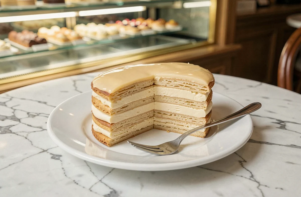 Tranche de mille-feuille parfaitement découpée avec glaçage intact révélant les couches de crème vanille et feuilletage