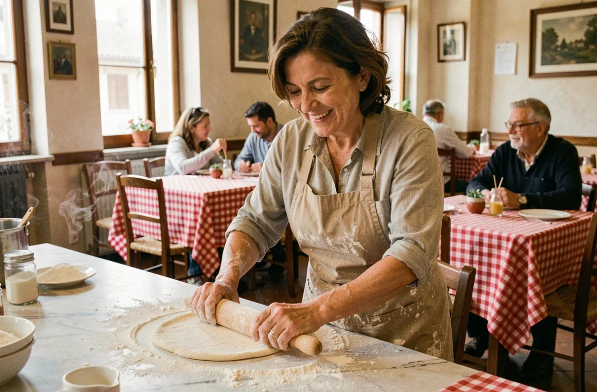 Femme italienne en tablier préparant des pâtes fraîches à la main dans une trattoria familiale à Bordeaux avec nappes à carreaux rouges et blancs