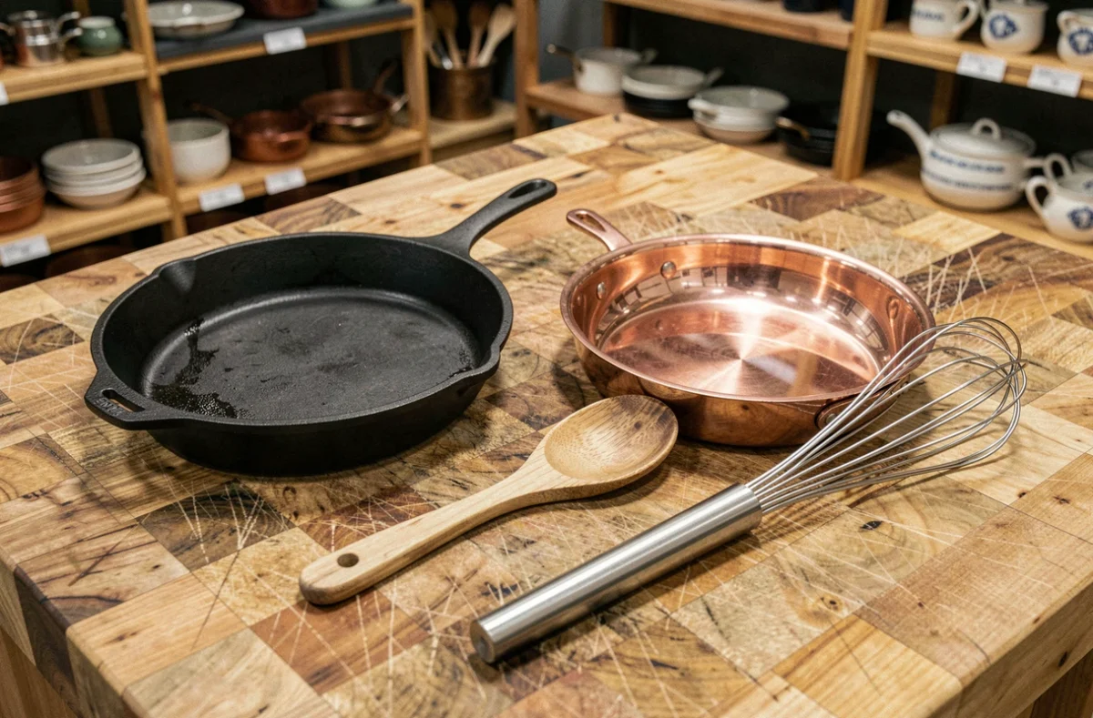 Sélection d'ustensiles de cuisine haut de gamme posés sur un plan de travail en bois dans une boutique spécialisée