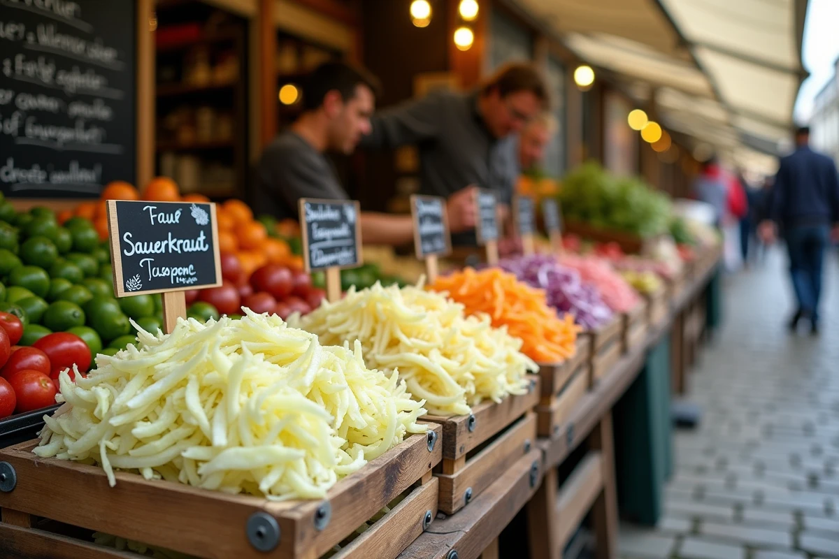 Étal de marché présentant plusieurs variétés de choucroute crue et précuite avec étiquettes manuscrites en français