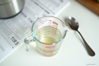Verre mesureur rempli à 400 ml sur plan de travail blanc