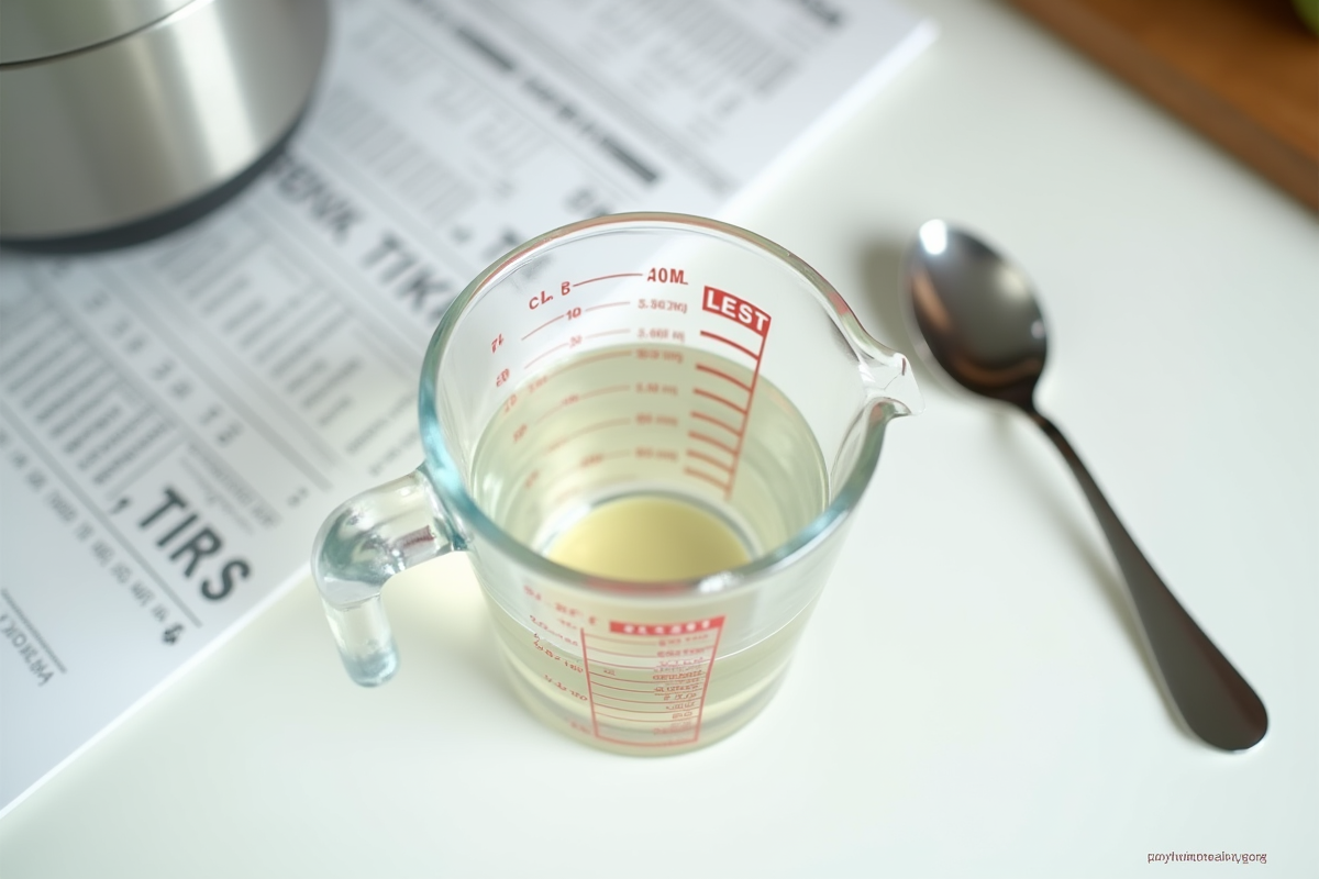 Verre mesureur rempli à 400 ml sur plan de travail blanc