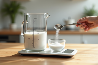 Verre mesureur rempli à 100 ml avec sucre blanc en cuisine