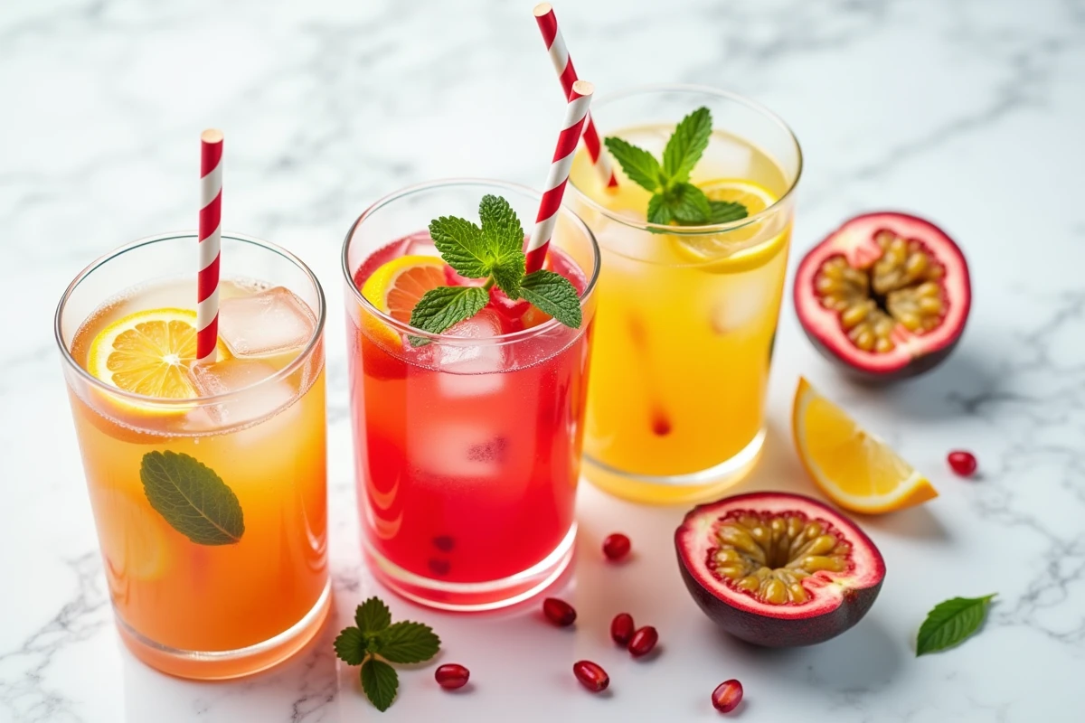 Trois verres de punch aux fruits frais garnis de menthe et agrumes sur marbre blanc, vue du dessus