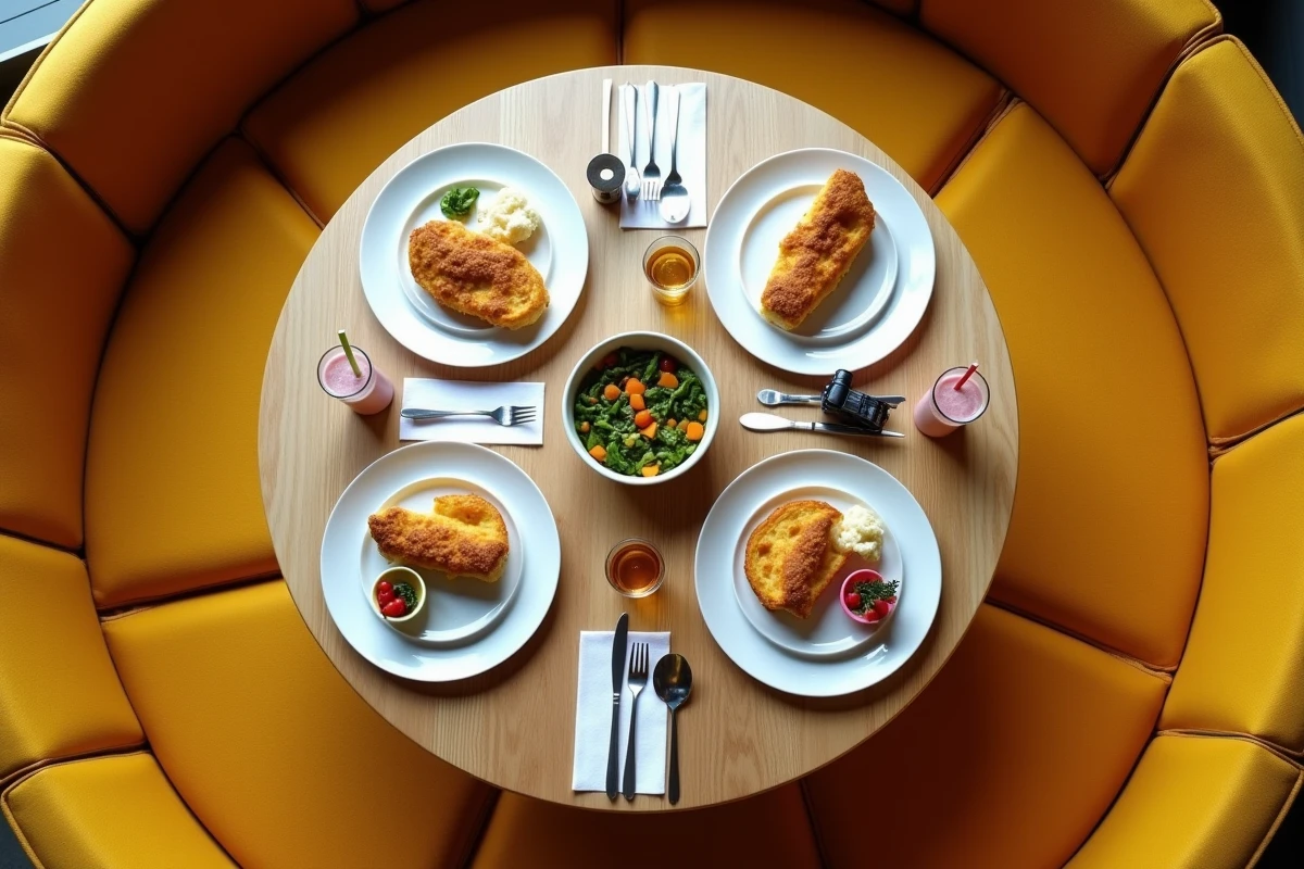 Vue de dessus d'une table familiale dressée dans un restaurant contemporain à Lille avec repas pour enfants et adultes